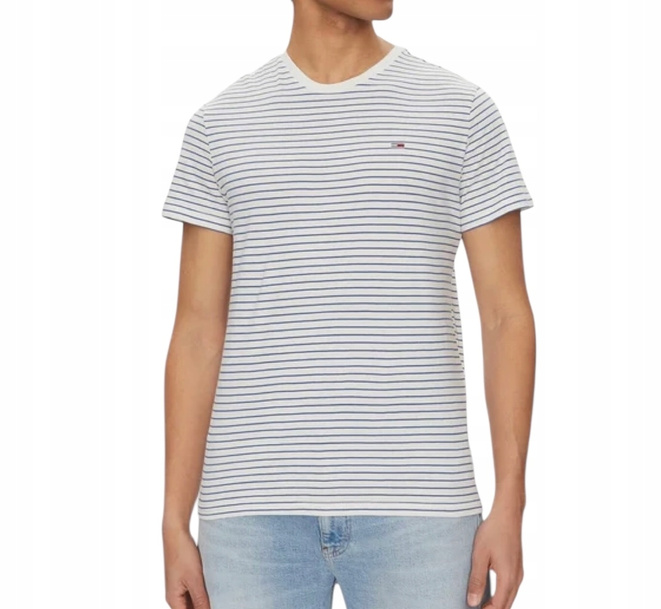 Tommy Hilfiger T-Shirt męski w paski DM0DM20377 Biały Ecru Slim Fit