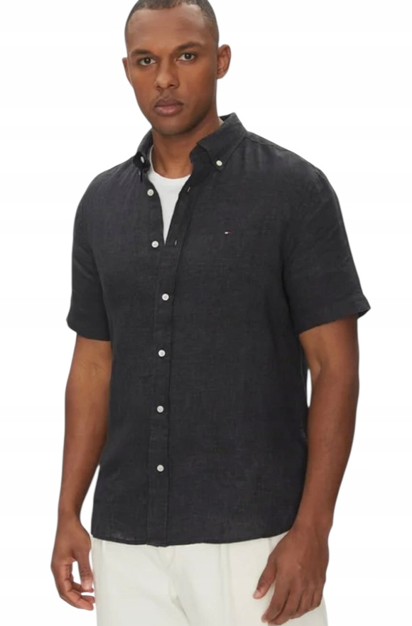 Tommy Hilfiger koszula męska krótki rękaw MW0MW35207 Czarny Regular Fit
